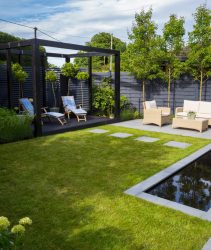 PATH35 Overview of garden borders with a cube pergola, seating area, pool and Pyrus calleryana 'Chanticleer' trees screening neighbouring house